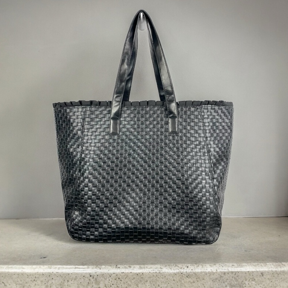 Large Black Woven PVC Carryall Tote w/ Ribbon Pleated Trim